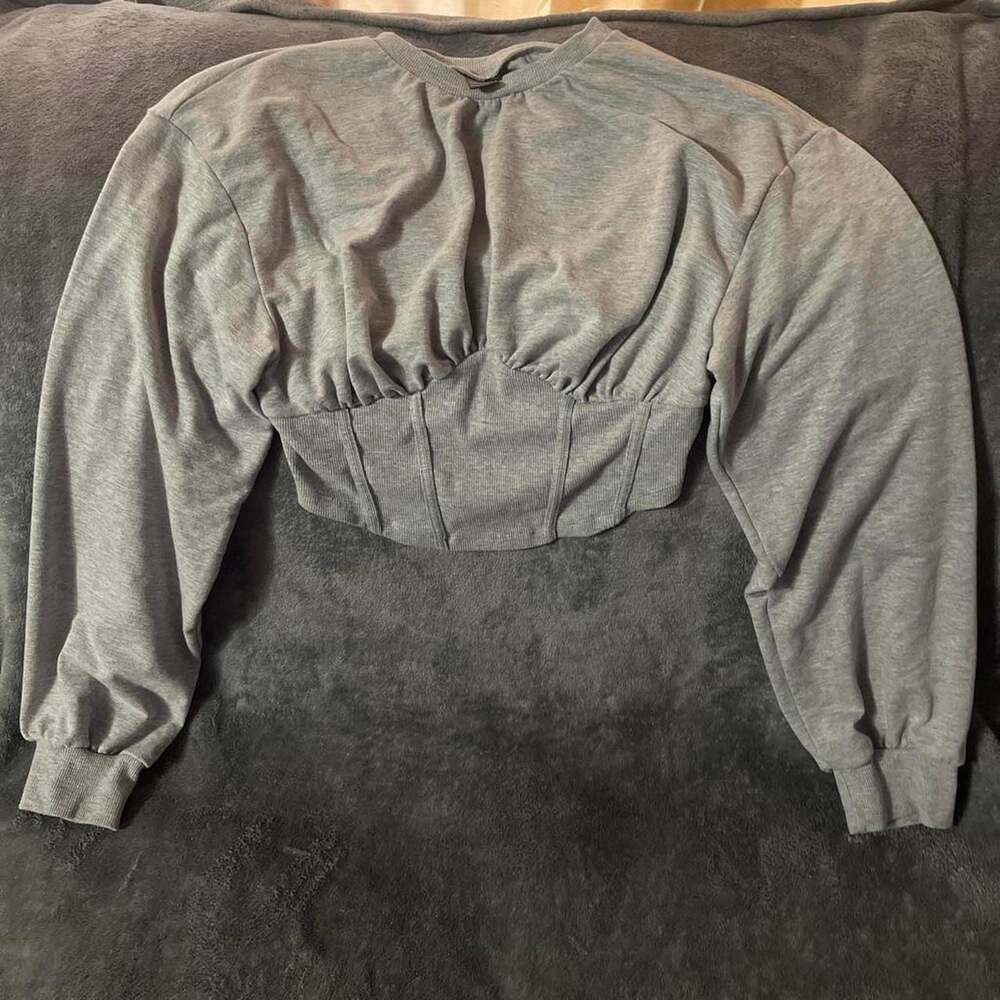Shein MOD Grey Corset-Style Cropped Long Sleeve Top